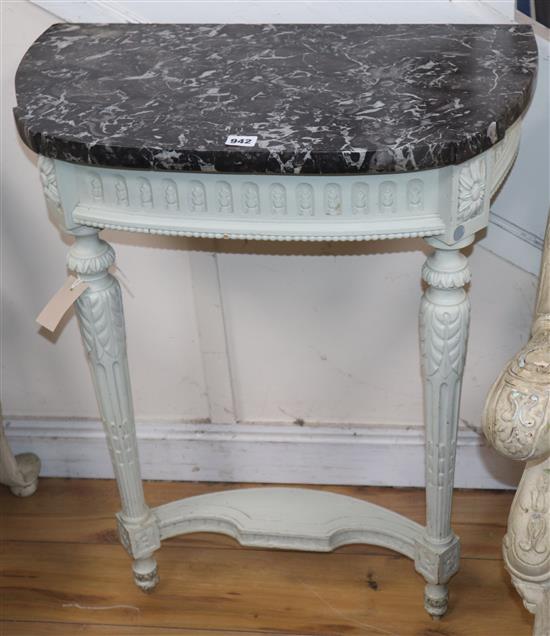 A Louis XVI style painted console table with marble top W.62cm